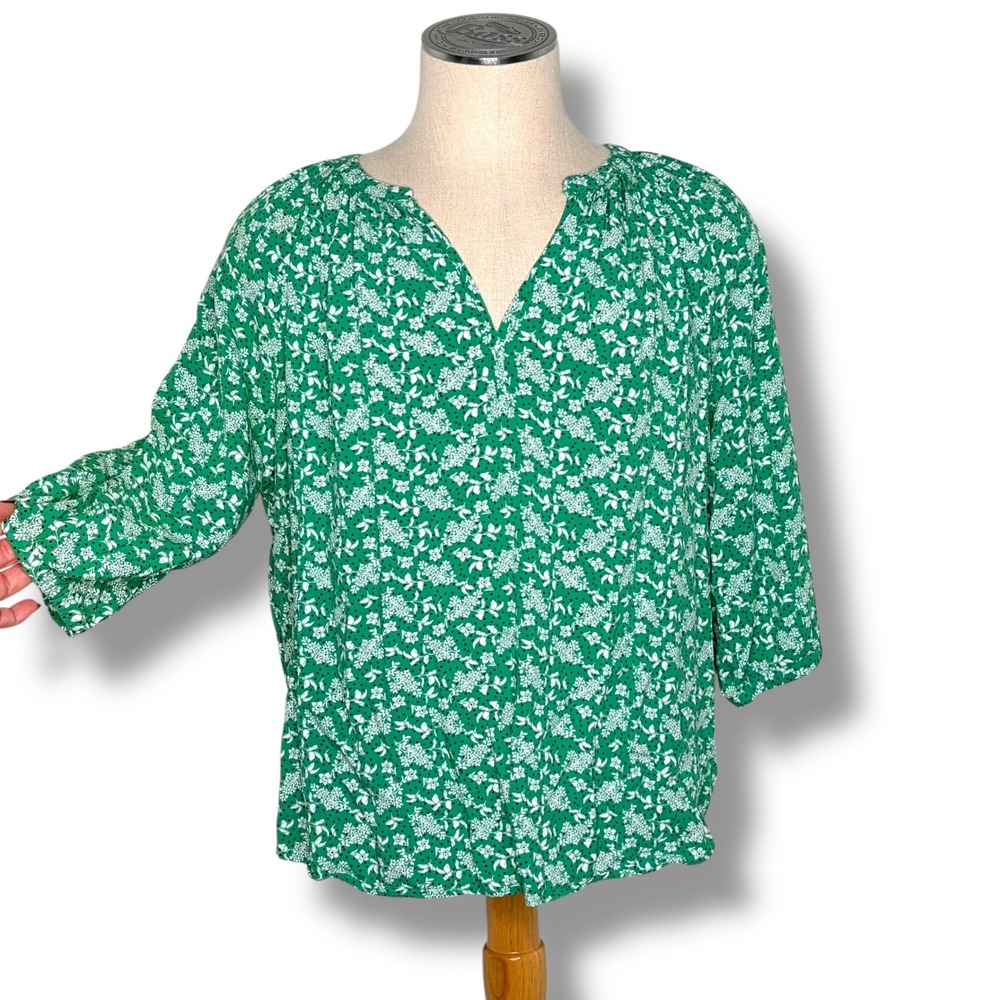 Jones & Co Jones New York Blouse 1X Green Floral 3/4 Sleeve Split Neck Plus Size